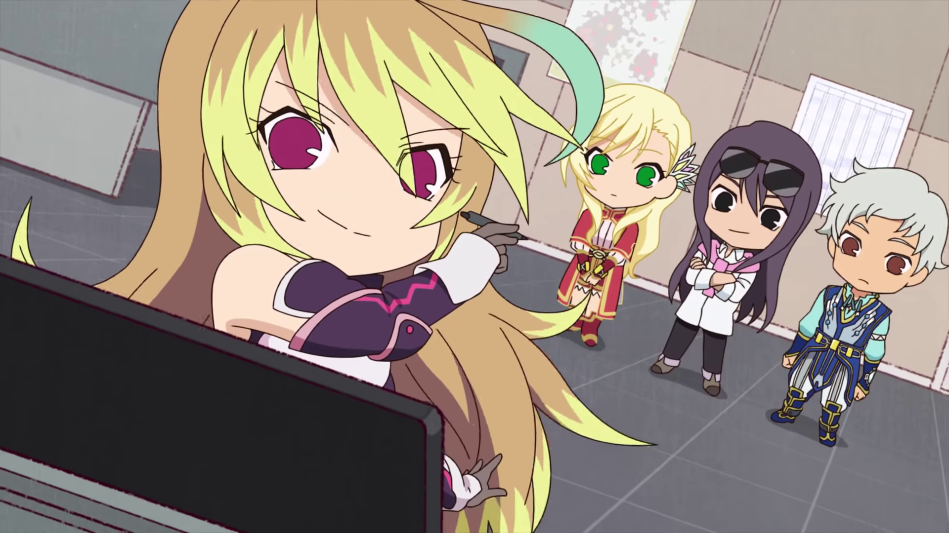 an anime screencap of Ix, Mileena, and Yuri standing in an office and watching Milla Maxwell draw on a graphics tablet